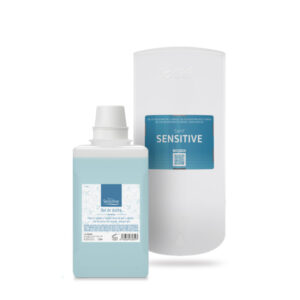 Producto Sanit Sensitive junto al dispensador mural PGS 1000 de 1L